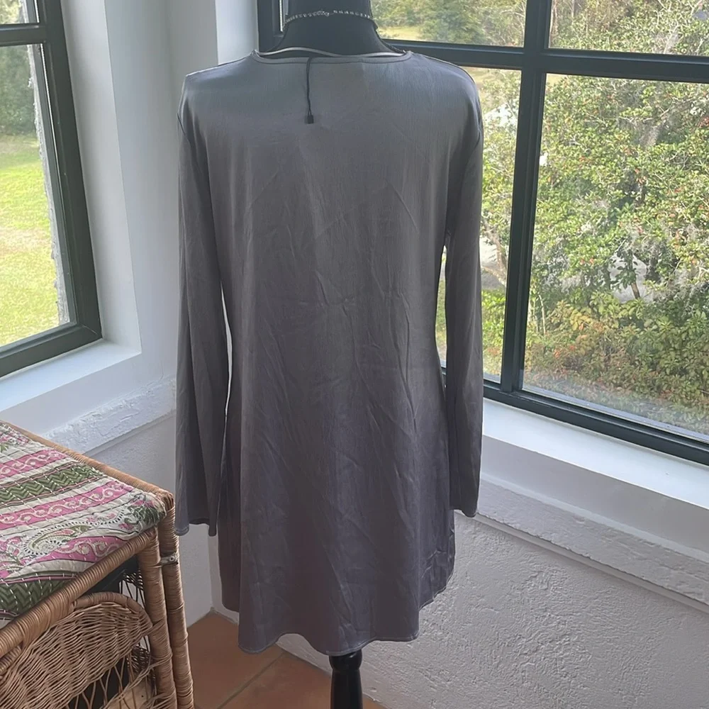 ZARA NWOT Satin Silky Long Sleeve Gray Dress Ties in Front‎ with Cutouts Large